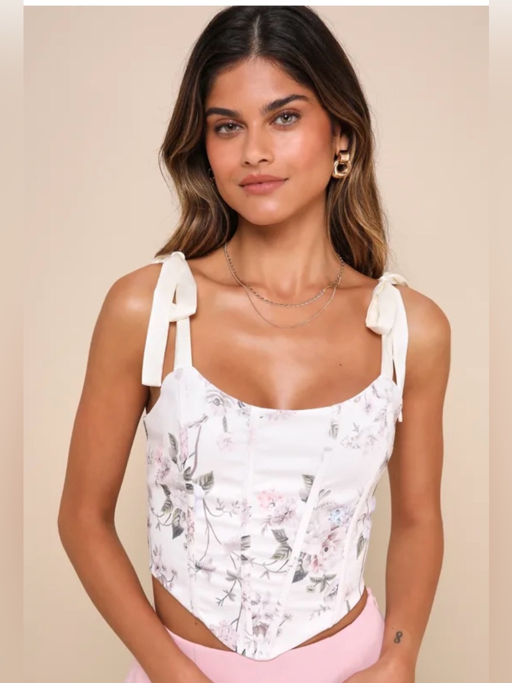 Lulus cream floral tie-strap lace-up bustier top